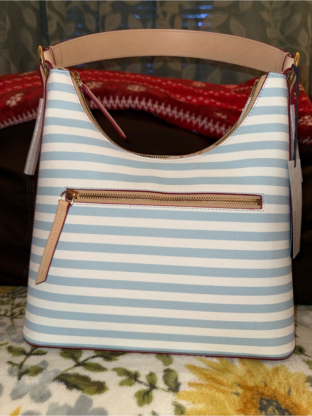Dooney & Bourke Light Blue and White Striped Shoulder Bag with Red Trim - Picture 5 of 7